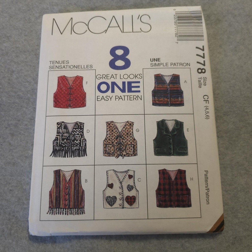 McCall's 7778 Vest Pattern 4-6 Uncut 90s Boho Appliqué Quilted Fringe Styles Vtg